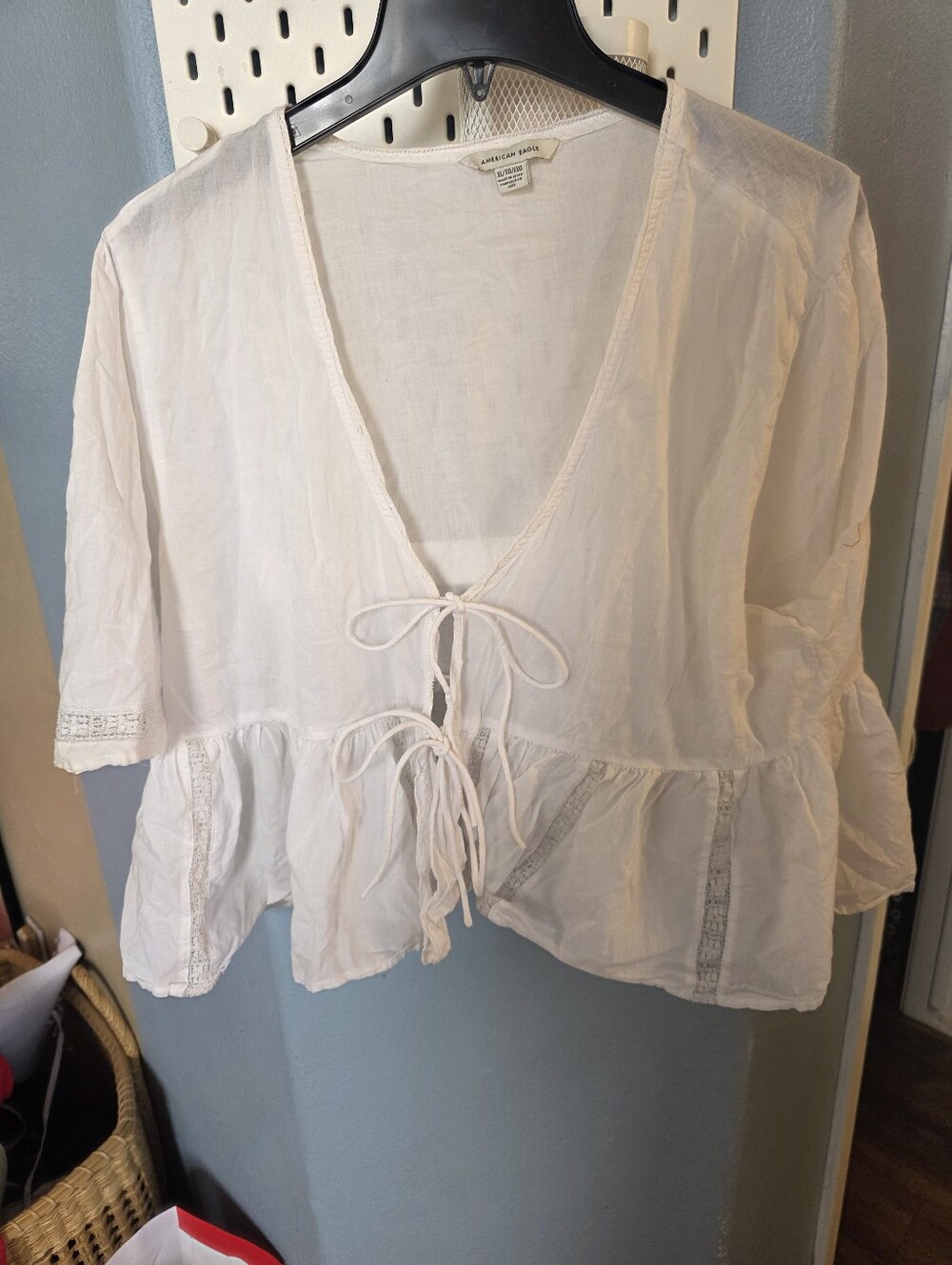 American Eagle Outfitters White Tie-Front Peasant Blouse XL